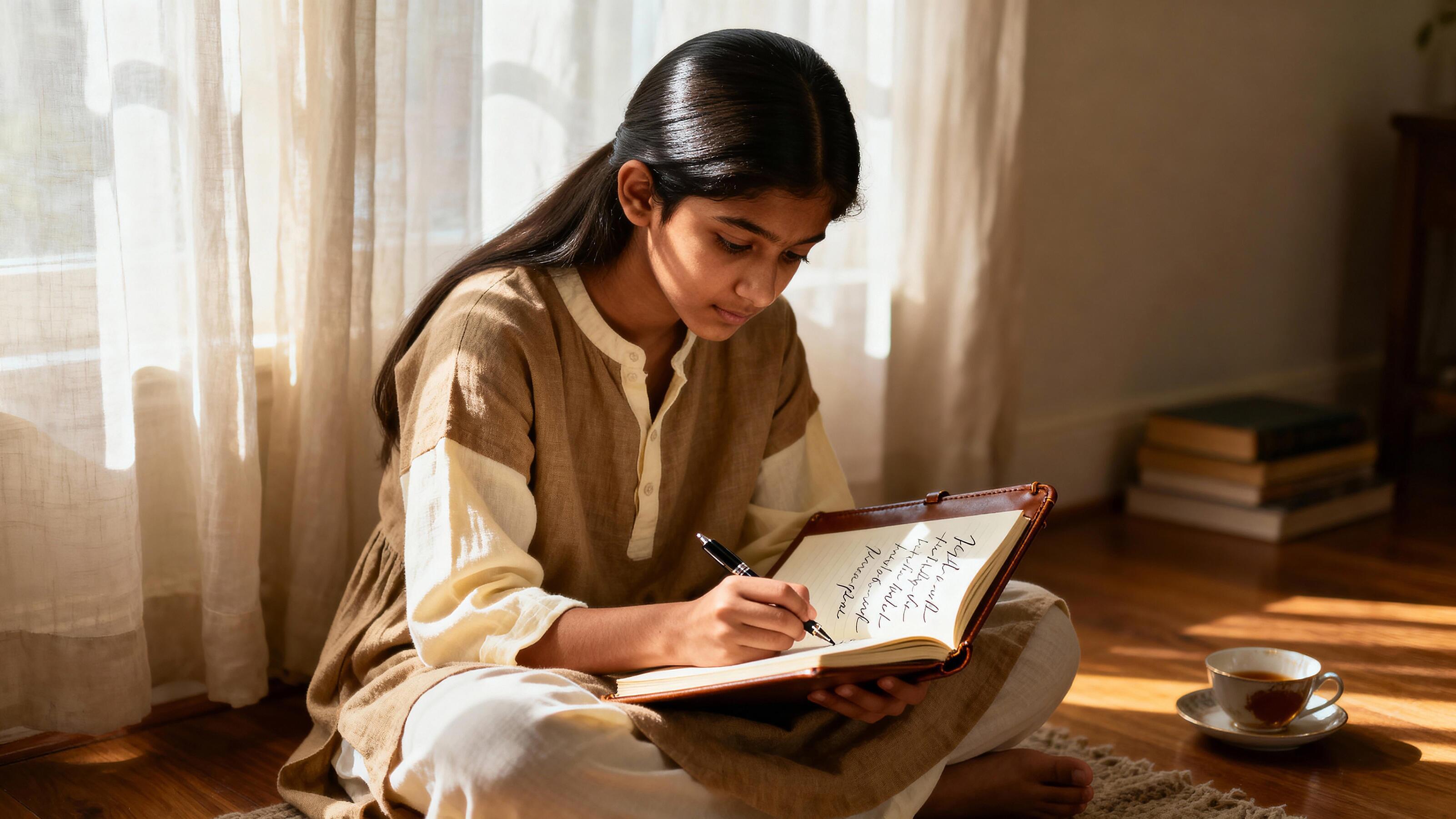 Person sitting quietly in a sunlit room, journaling