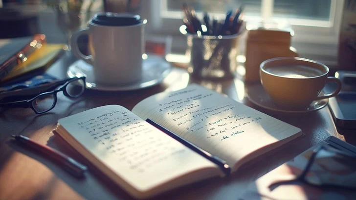 Open notebook on a wooden desk with a warm morning light